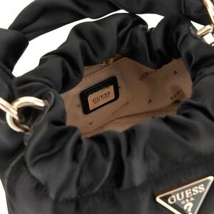 GUESS Black Satin Mini Drawstring Bucket Bag with Gold Accents